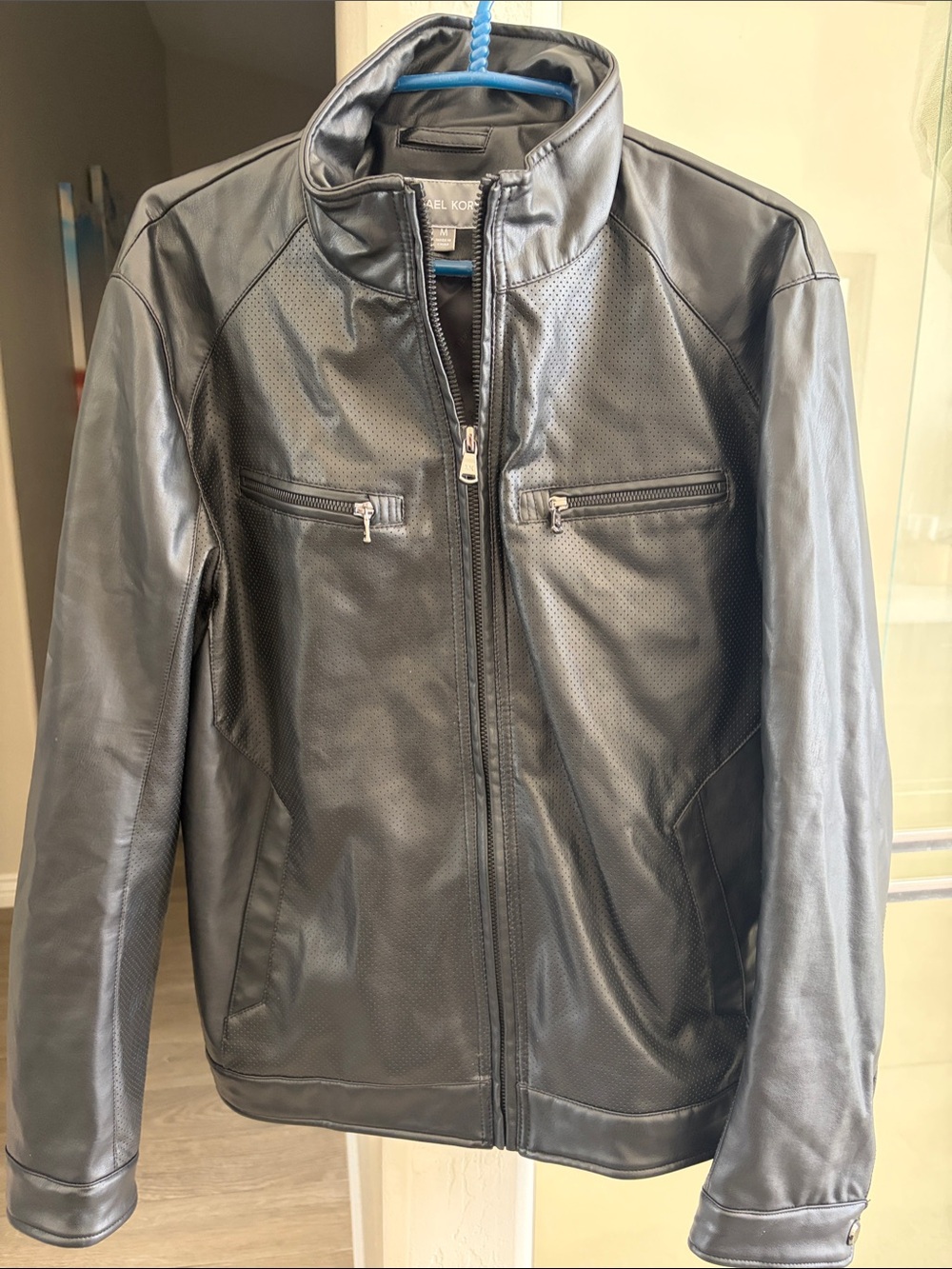 Michael Kors Black Perforated Faux Leather Jacket with Zip Pockets